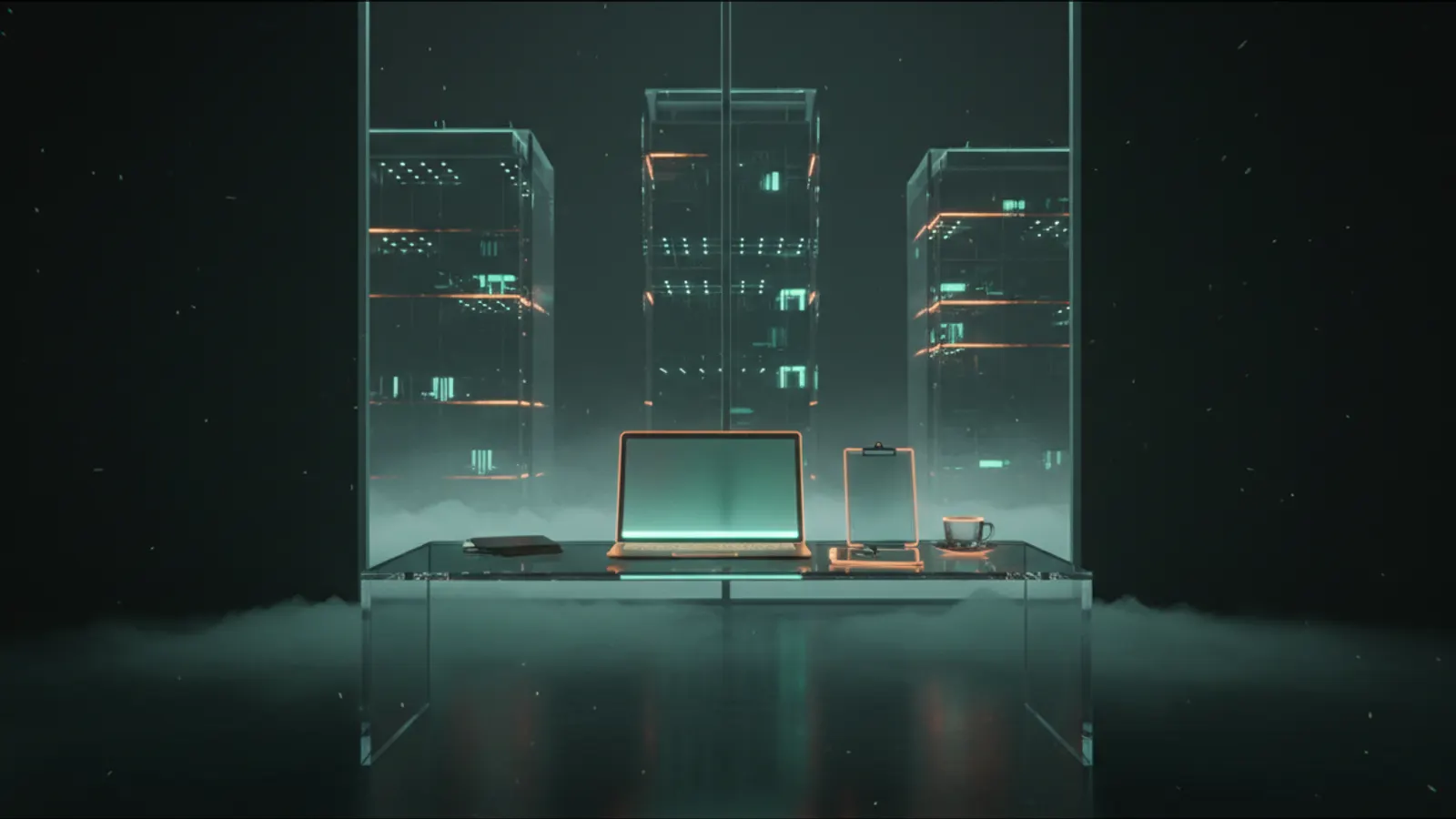 A glass workbench with a laptop, a clipboard and a coffee cup, three office buildings glowing through the window behind it