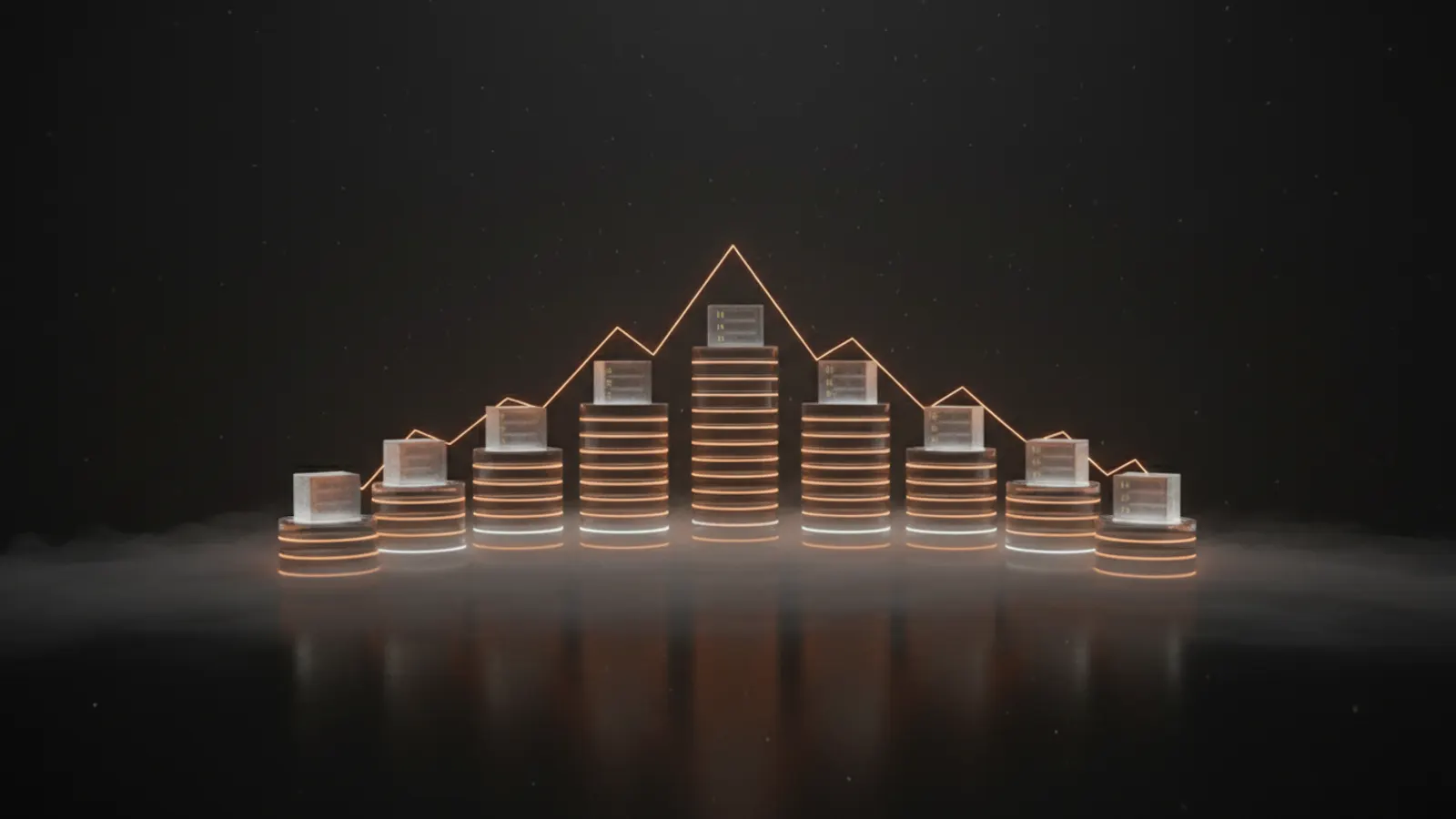 Glass coin stacks of different heights, each topped by a small server block, joined by one line of light like a cost chart